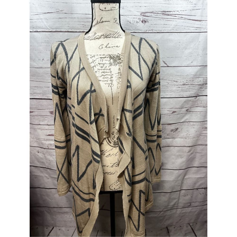 Say What Geometric Open Front Cardigan Sweater Tan Grey Women's Small